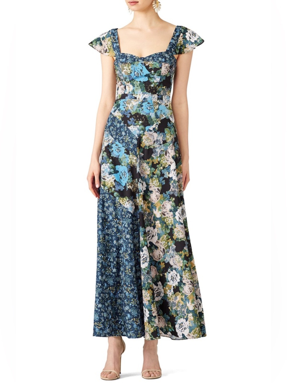 Free People La Fleur Maxi Dress Floral Patchwork Corset Bodice Blue Small Size 2